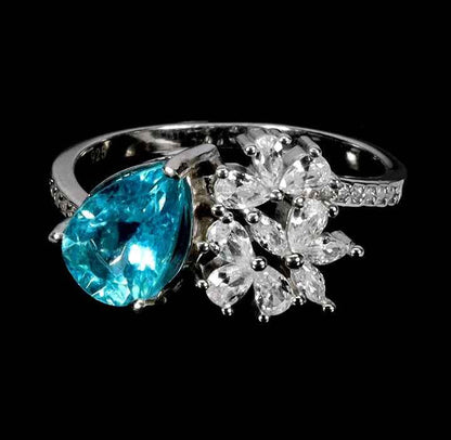 Blue Apatite Pear Cut Ring - 925 Sterling Silver with 14k White Gold Plating