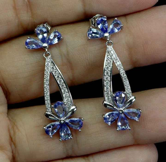 925 Sterling Silver Tanzanite Pear Drop Earrings with CZ Accents