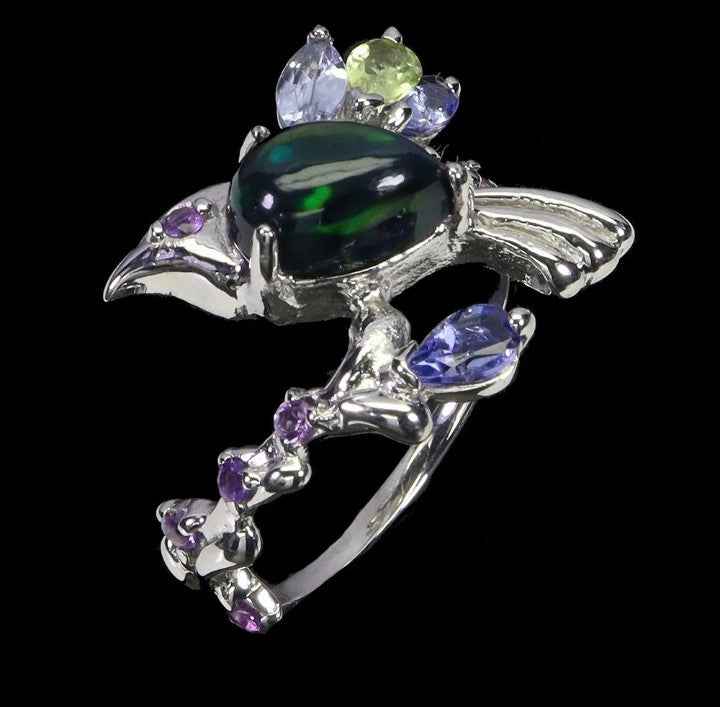 Ethiopian Black Opal Bird Ring - 925 Sterling Silver with Amethyst, Aquamarine, Peridot & Tanzanite