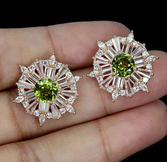 Sterling Silver Peridot Stud Earrings - Rose Gold Plated