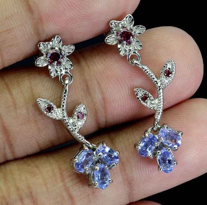 Tanzanite & Rhodolite Garnet Flower Earrings - 925 Sterling Silver with 14K White Gold Plating