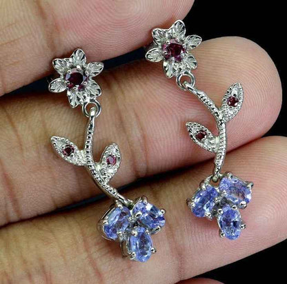 Tanzanite & Rhodolite Garnet Flower Earrings - 925 Sterling Silver with 14K White Gold Plating