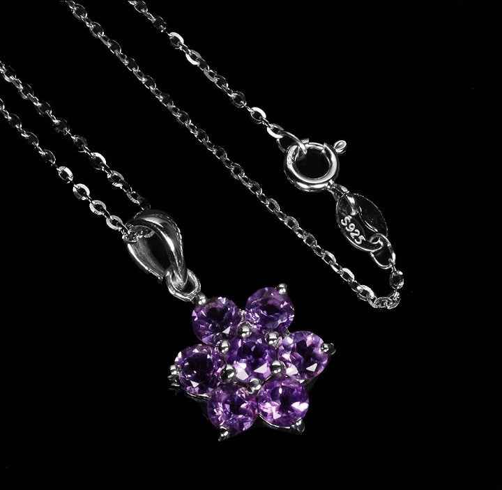 Sterling Silver Amethyst Flower Necklace - 14k White Gold Plated