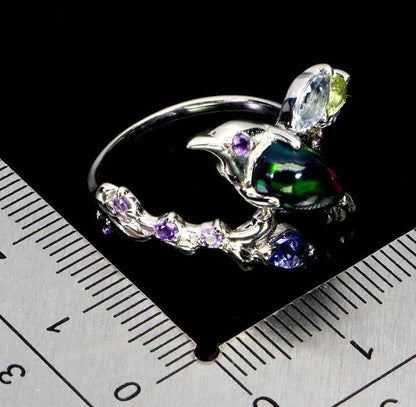 Ethiopian Black Opal Bird Ring - 925 Sterling Silver with Amethyst, Aquamarine, Peridot & Tanzanite