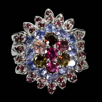 Sterling Silver Multi-Gemstone Flower Ring - Rhodolite Garnet, Tanzanite & Tourmaline