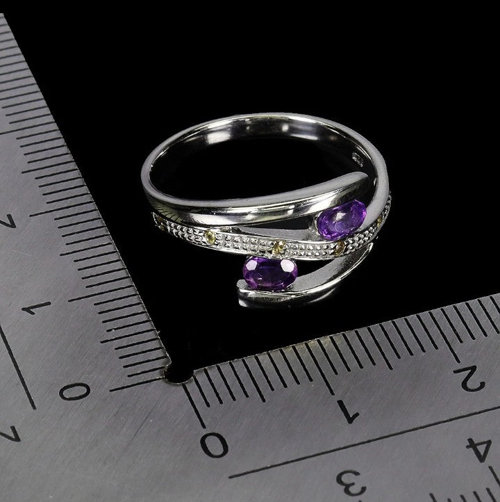 Sterling Silver Amethyst & Sapphire Ring - 14k White Gold Plated