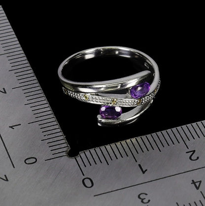 Sterling Silver Amethyst & Sapphire Ring - 14k White Gold Plated