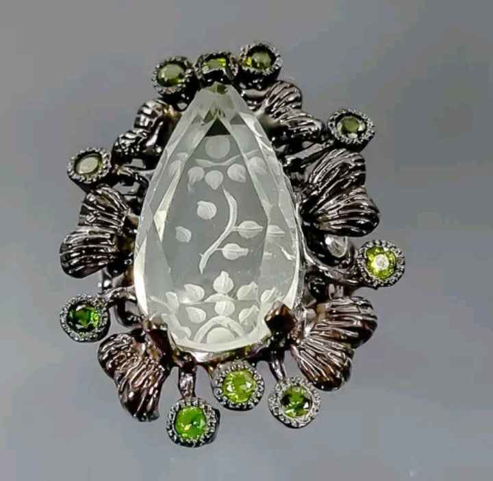 Green Amethyst Peridot Ring - 925 Sterling Silver Black Rhodium Plated