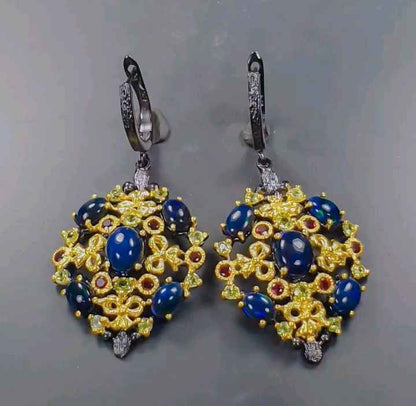 Black Opal Earrings with Peridot and Rhodolite - 925 Sterling Silver