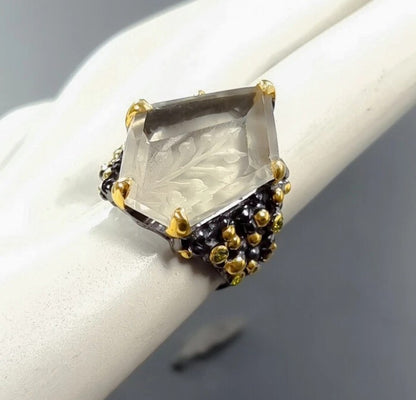 Green Amethyst Ring with Peridot - Sterling Silver Black Rhodium and Gold Plated