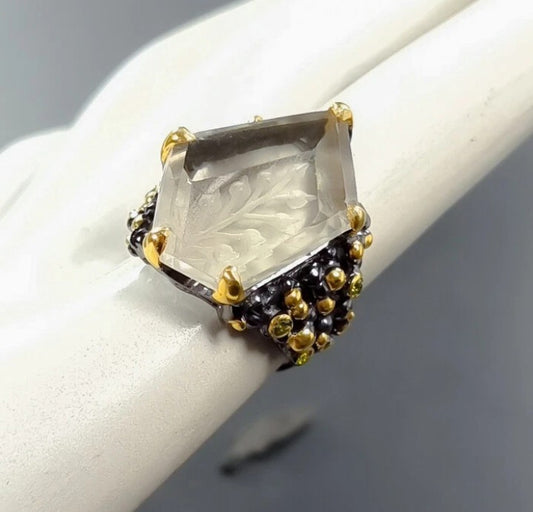 Green Amethyst Ring with Peridot - Sterling Silver Black Rhodium and Gold Plated