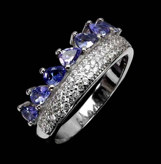 Natural Tanzanite Sterling Silver Ring - 14k White Gold Plated