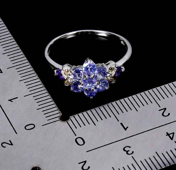 Tanzanite Amethyst Sapphire Ring - 925 Sterling Silver 14k White Gold Plated